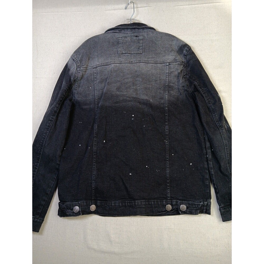 Brooklyn State Distressed Denim Trucker Jacket Black Medium Ripped Painted EUC - Picture 2 of 9
